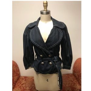Denim blazer with tied/belted waist.